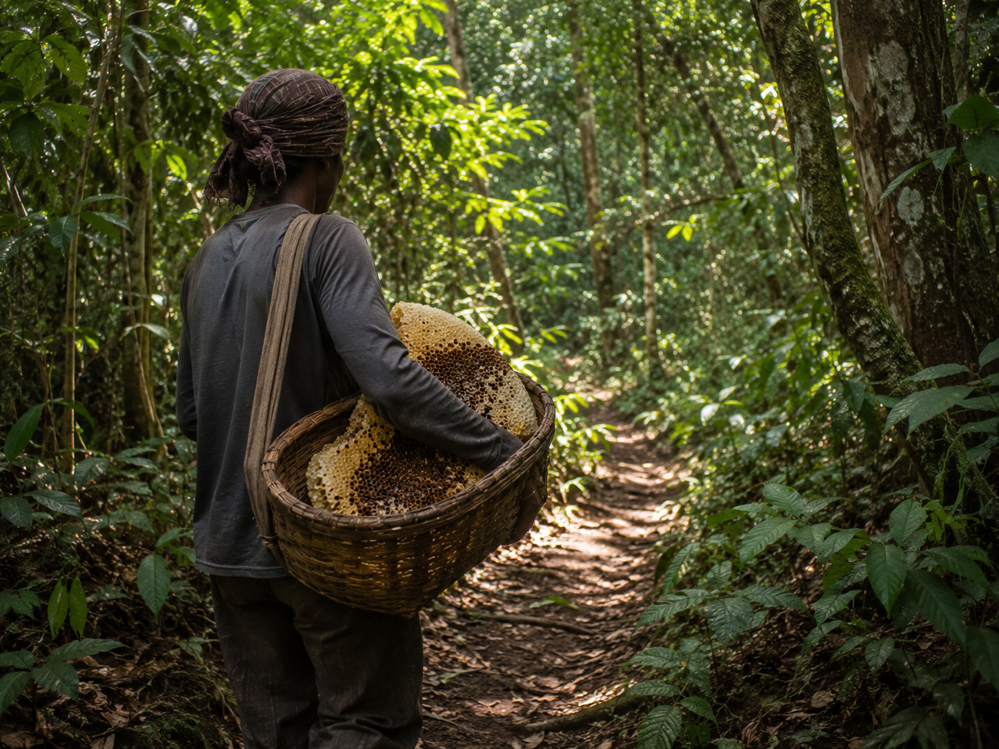 Harvester carrying wild honeycomb