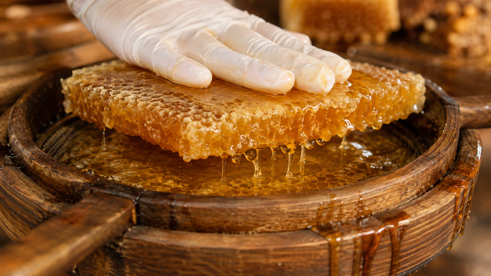 Traditional cold press extraction of wild honeycomb