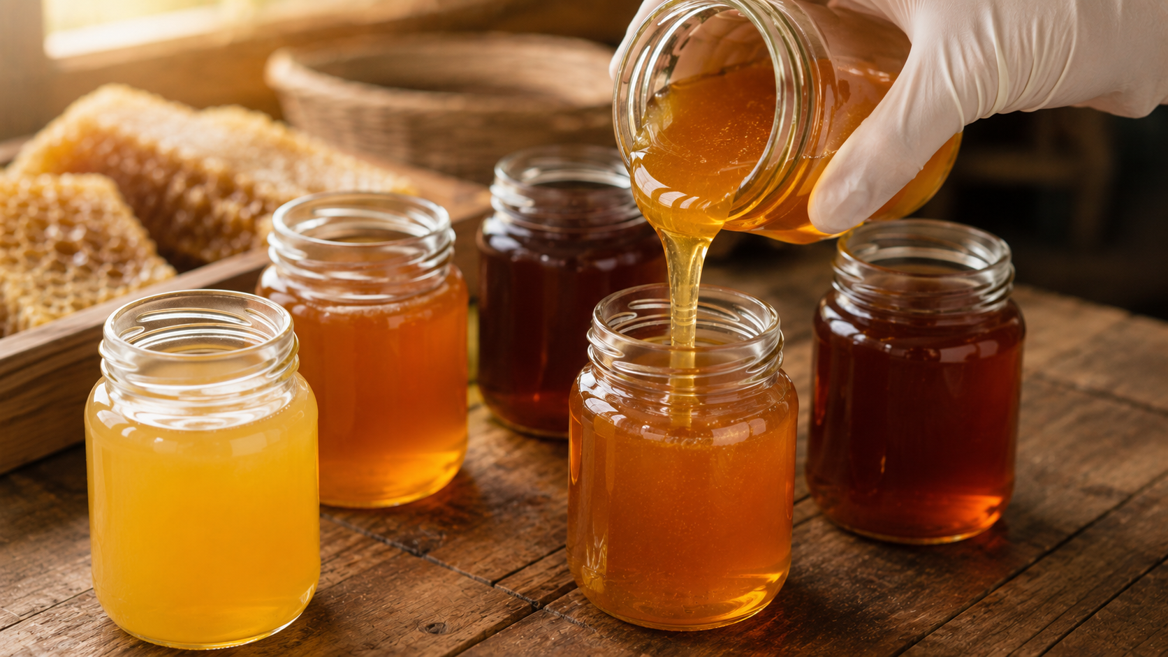 Bottles of Natural Wild Honey in four colour variations